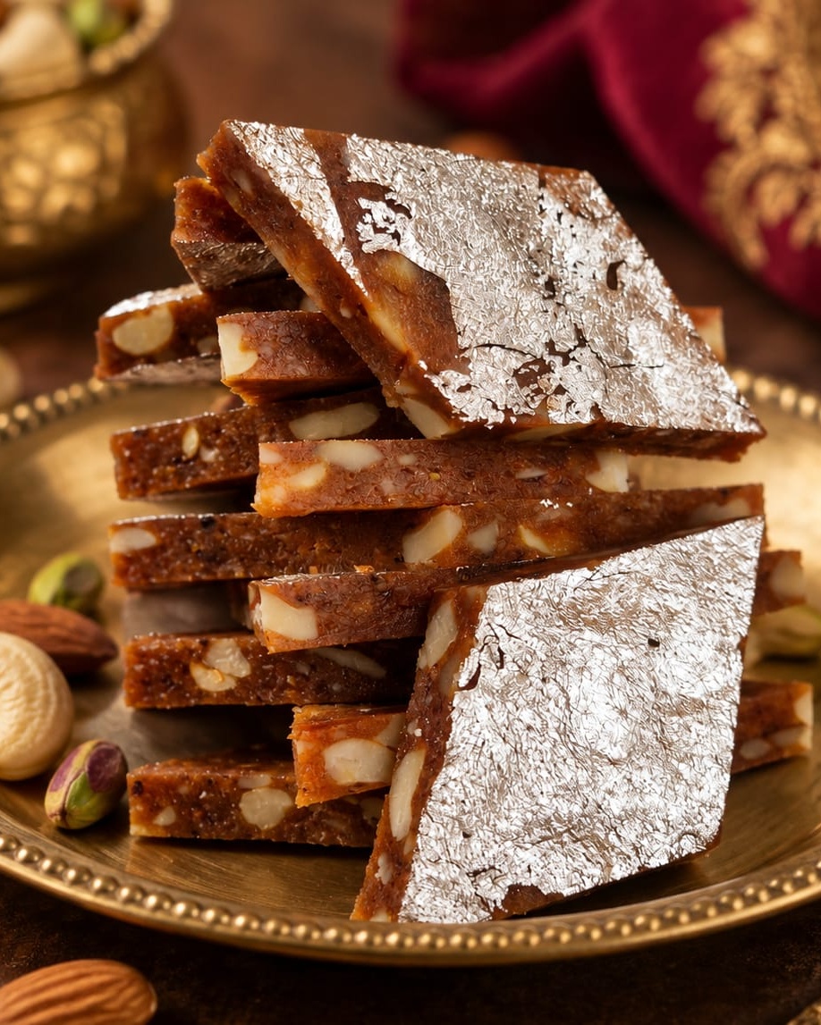 Close-up of premium Anjeer Katli with silver leaf