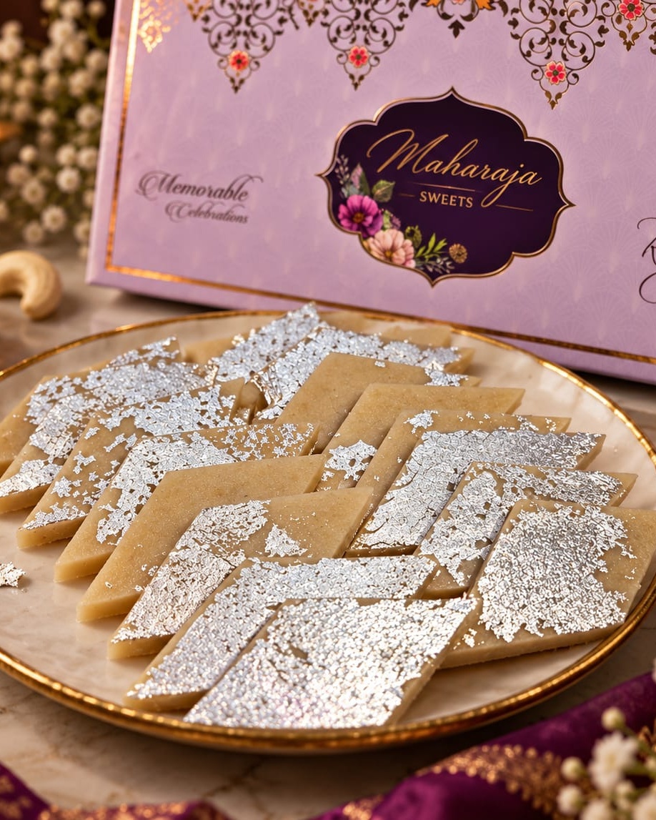 Kaju katli arranged inside a Maharaja House gift box