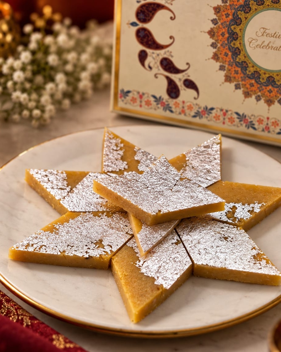 Close-up of diamond-shaped Kesar Kaju Katli with saffron garnish